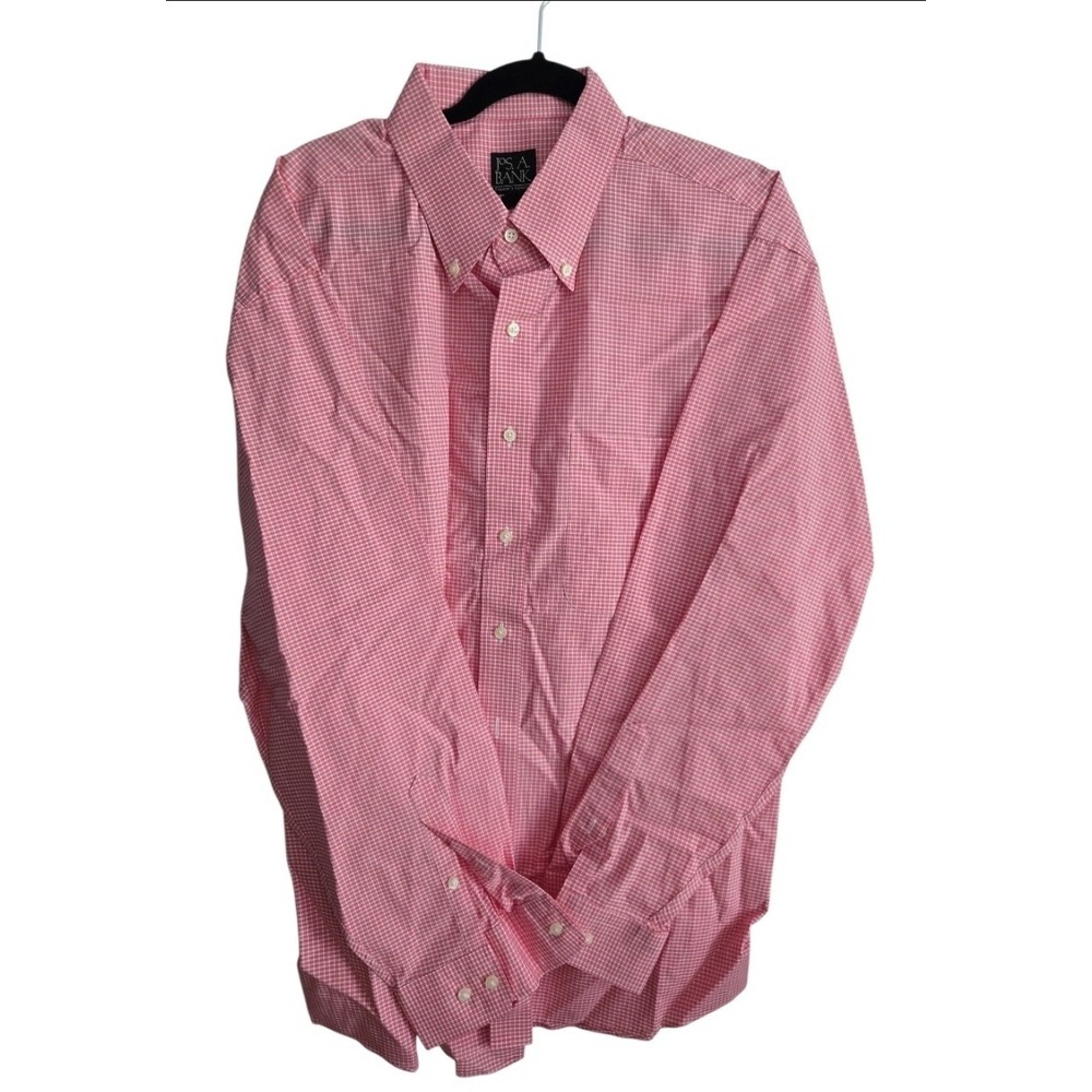 Jos A Bank Traveler Shirt Mens XL Pink White Gingham Check Button Down Long Slee